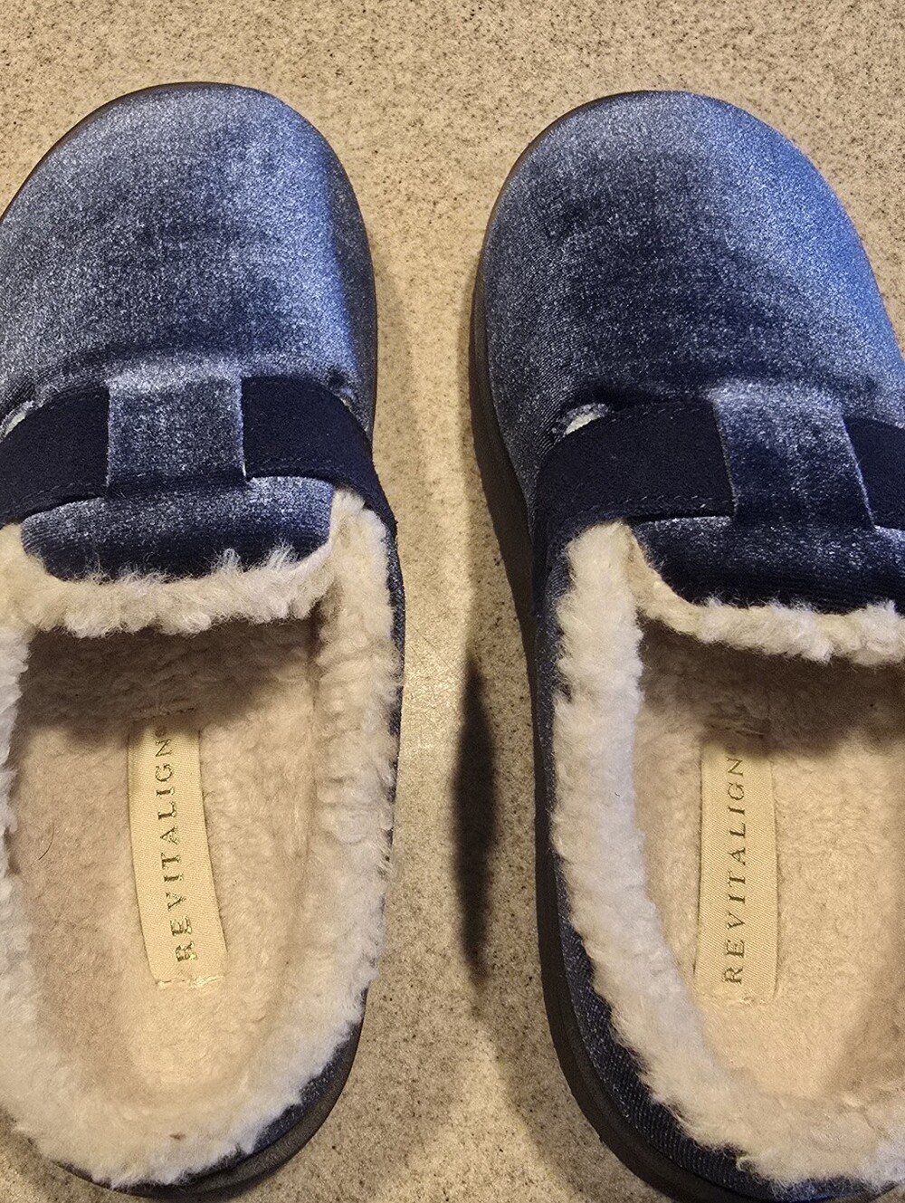 Revitalign Blue Suede Faux Fur Lined Buckle Mule Slippers Orthotic Support Sz 6